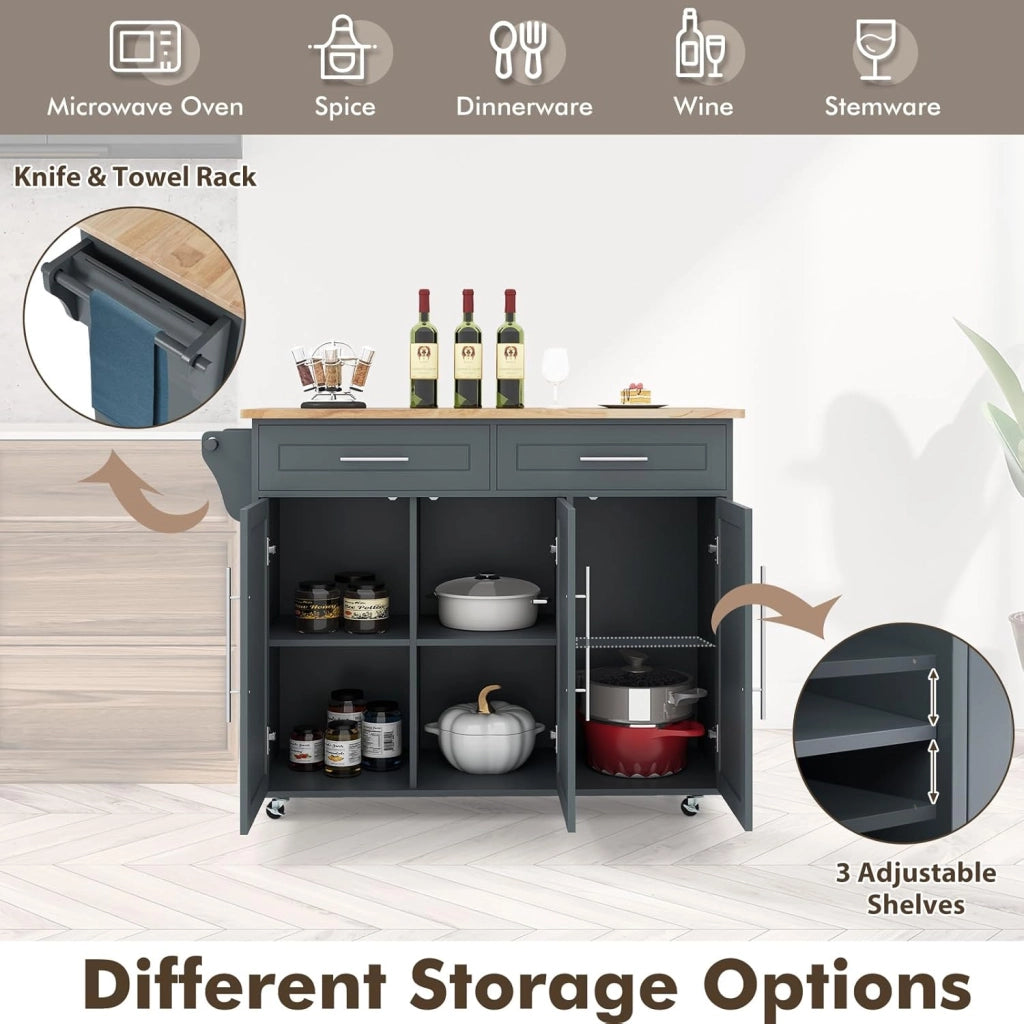 Carrello Portaoggetti con Ruote con 2 Freni, Isola Cucina in Rovere Massiccio, Mobiletto da Pranzo con Portaspezie e Portasciugamani, per Soggiorno, 111,5 x 46 x 93 cm, In 2 Pacchi (Grigio)