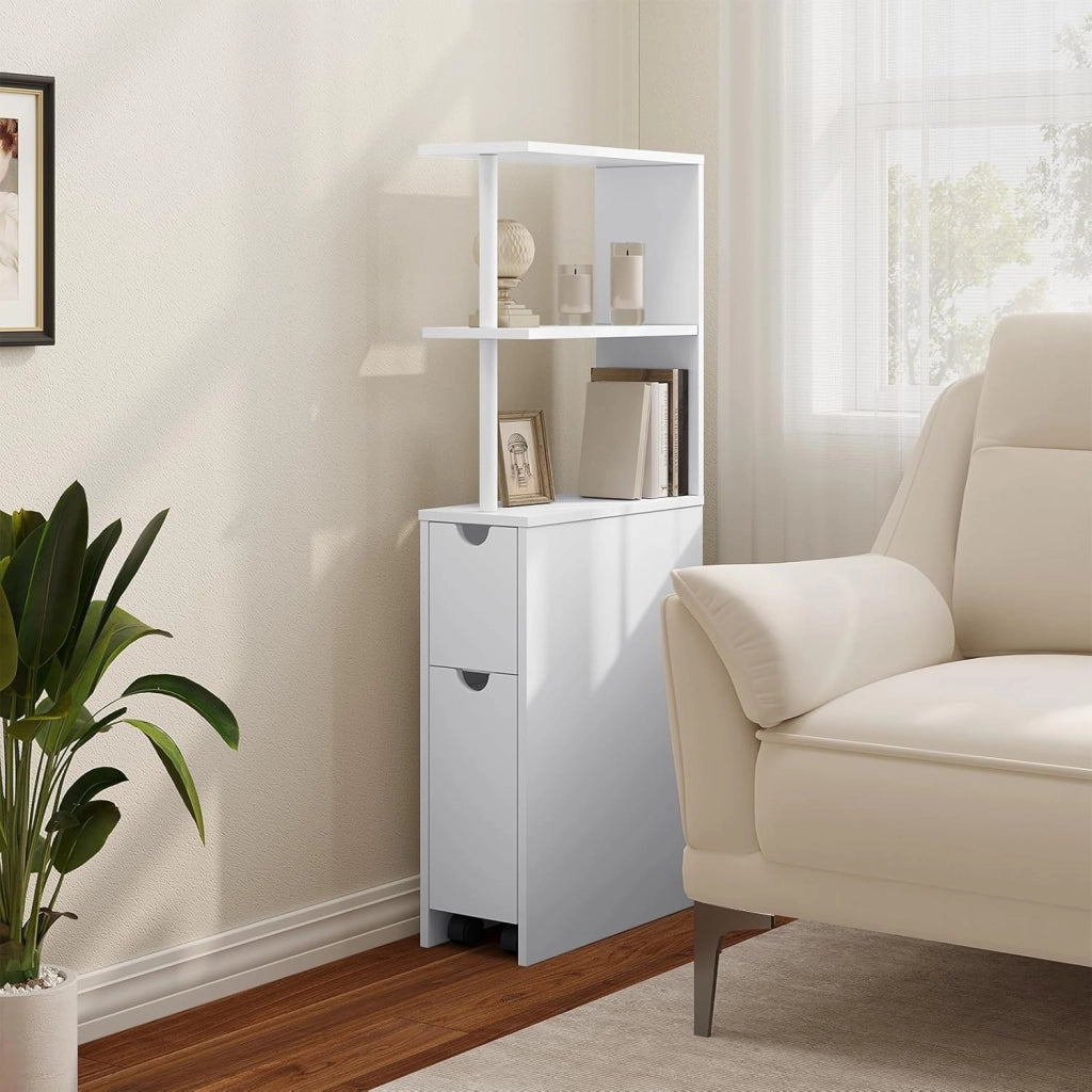Mobile da Bagno Stretto, Mobiletto da Bagno Salvaspazio con 2 Cassetti, 2 Ripiani, Mobiletto Bianco per Cucina, Soggiorno, in Legno, 19x45x113 cm