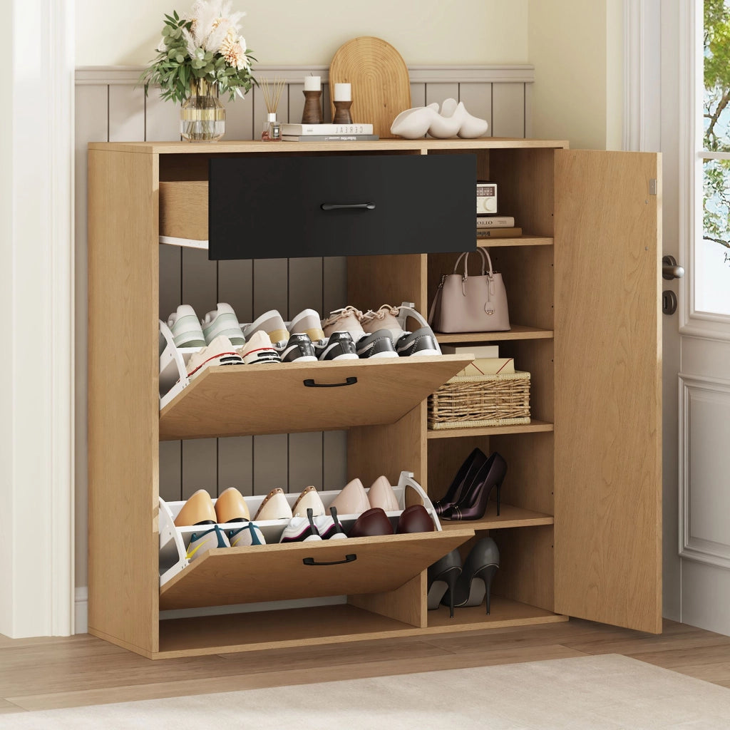 Scarpiera, mobile da ingresso, scarpiere a ribalta, con cassetti, 100 x 35 x 106 cm, color legno naturale e nero
