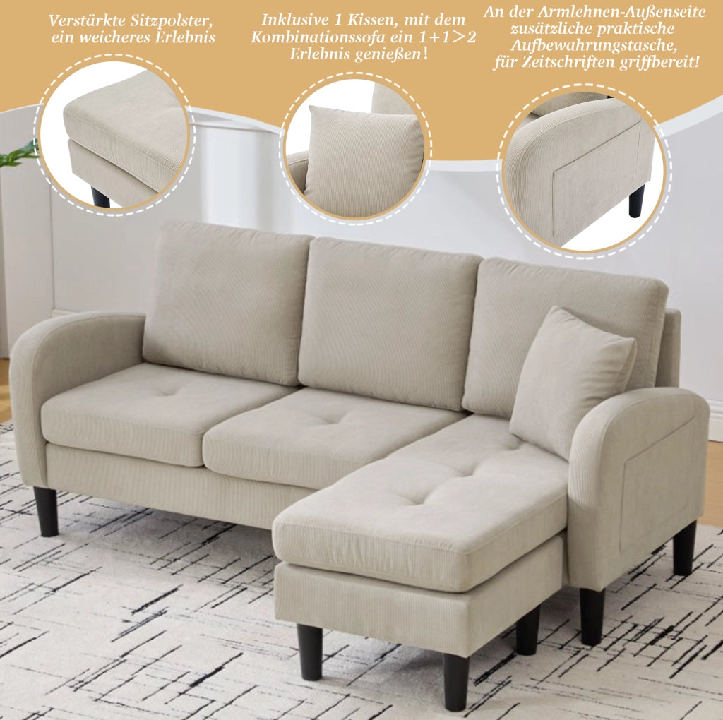 Divano angolare modulare a L con chaise longue 166 x 118 x 77 cm; tessuto corda marrone grigio