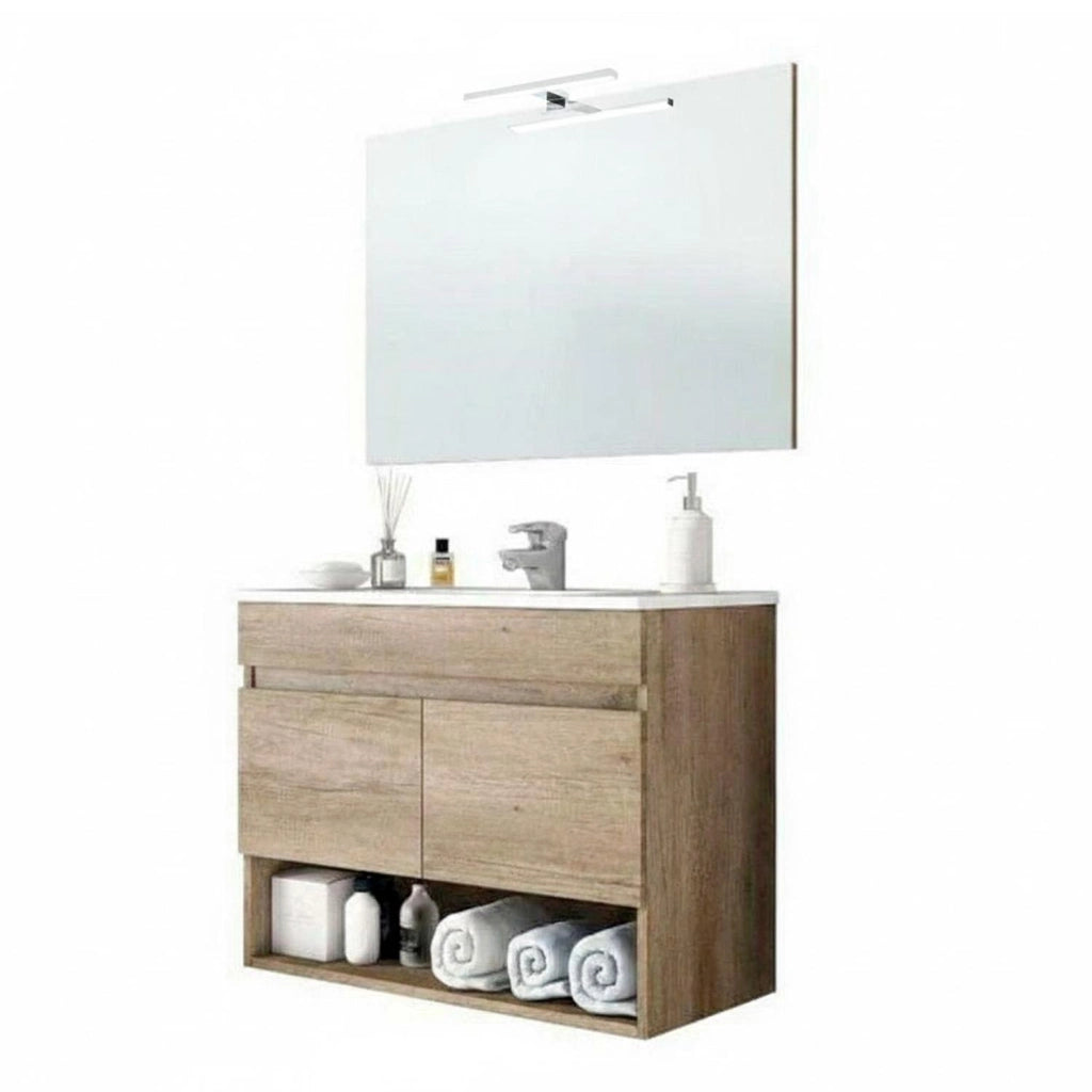 Mobile Bagno Sospeso Mobiletto In Legno Con 2 Ante E Ripiani Vani Aperti Lavabo Ceramica Con Specchio E Led Design Nordico Moderno La Brea 80 X 45 X 64 Cm Rovere
