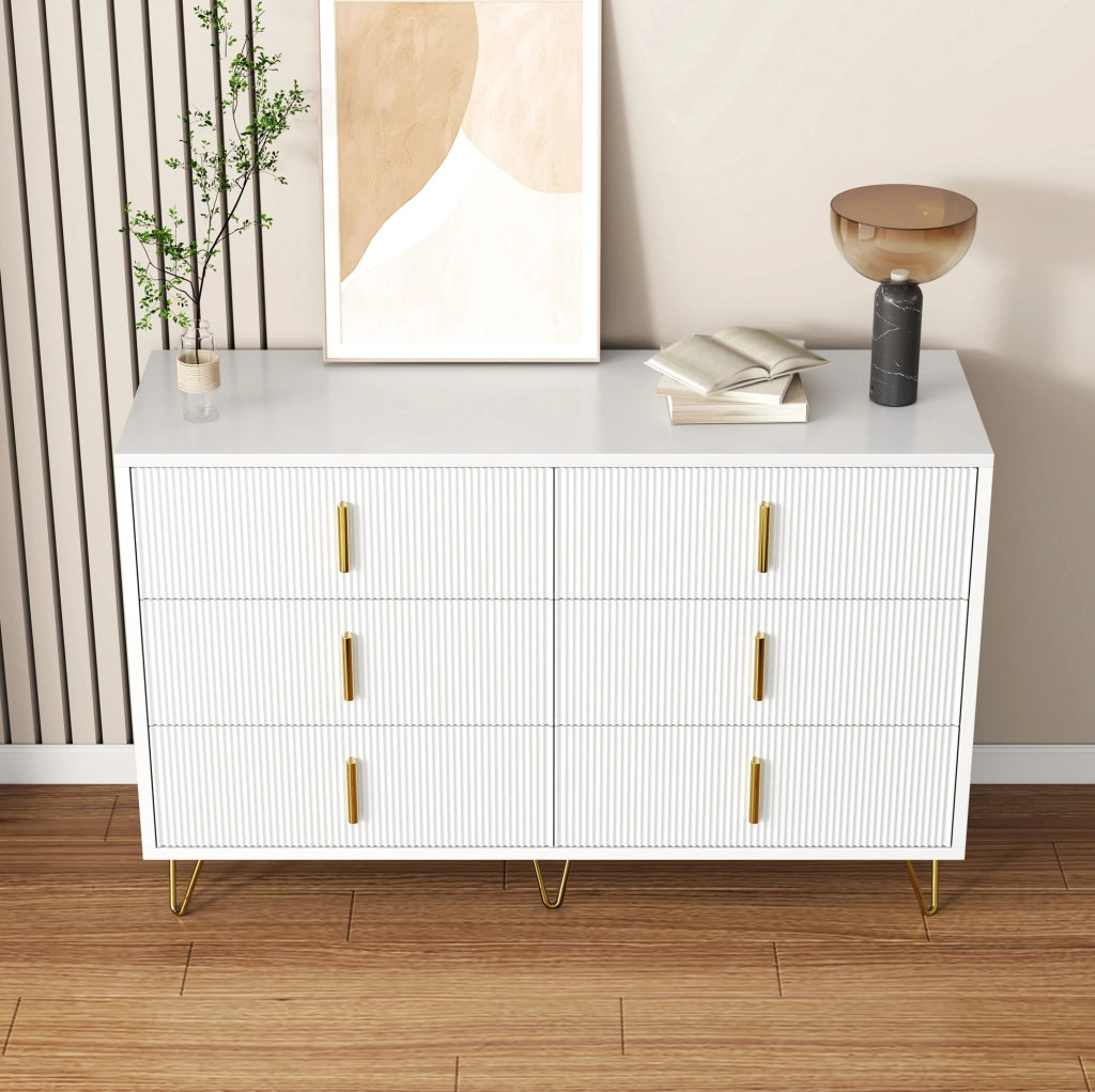 Credenza 120 x 40 x 77 cm con 6 cassetti; truciolare; bianco e oro