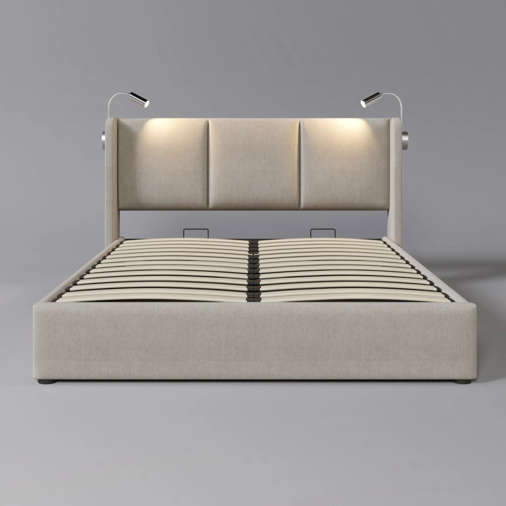 Letto matrimoniale moderno – 180x200 cm – cassone idraulico LED USB – lino beige