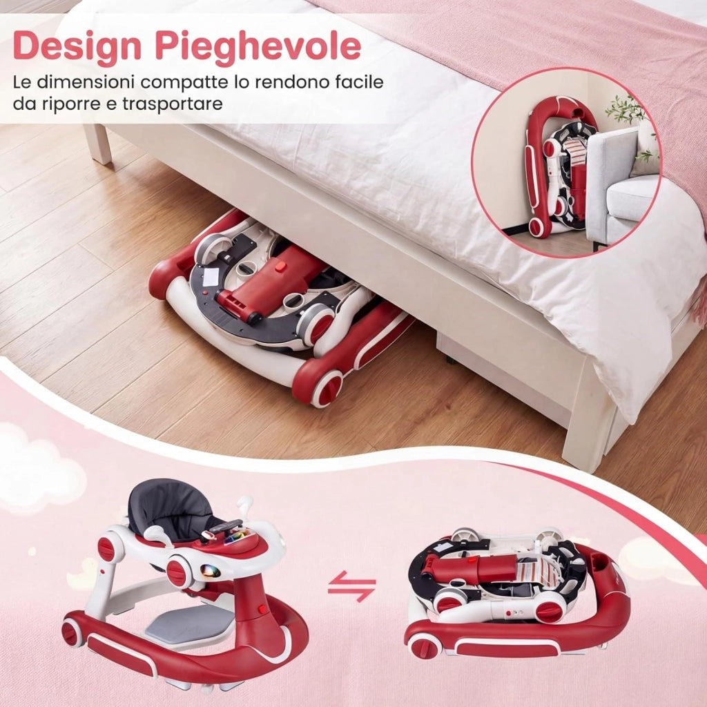 Girello per Bambini 6-in-1 Evolutivo, Centro Attività Pieghevole con Maniglia, Regolazione Altezza/Velocità, con Musica, Luci Tenda, per Neonati 6-18 Mesi (Rosso+Bianco)