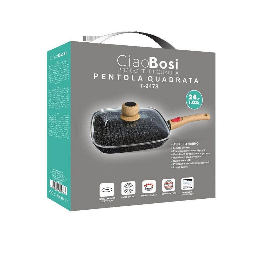 Trade Shop - Padella Pentola Quadrata Con Manico Coperchio Vetro 24cm 1.03lt Antiaderente T-9478 -