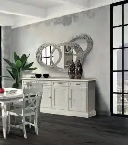 Credenza madia buffet in legno Shabby chic mod Martini bianca anticato 4 ante con maniglie infinito argento anticato