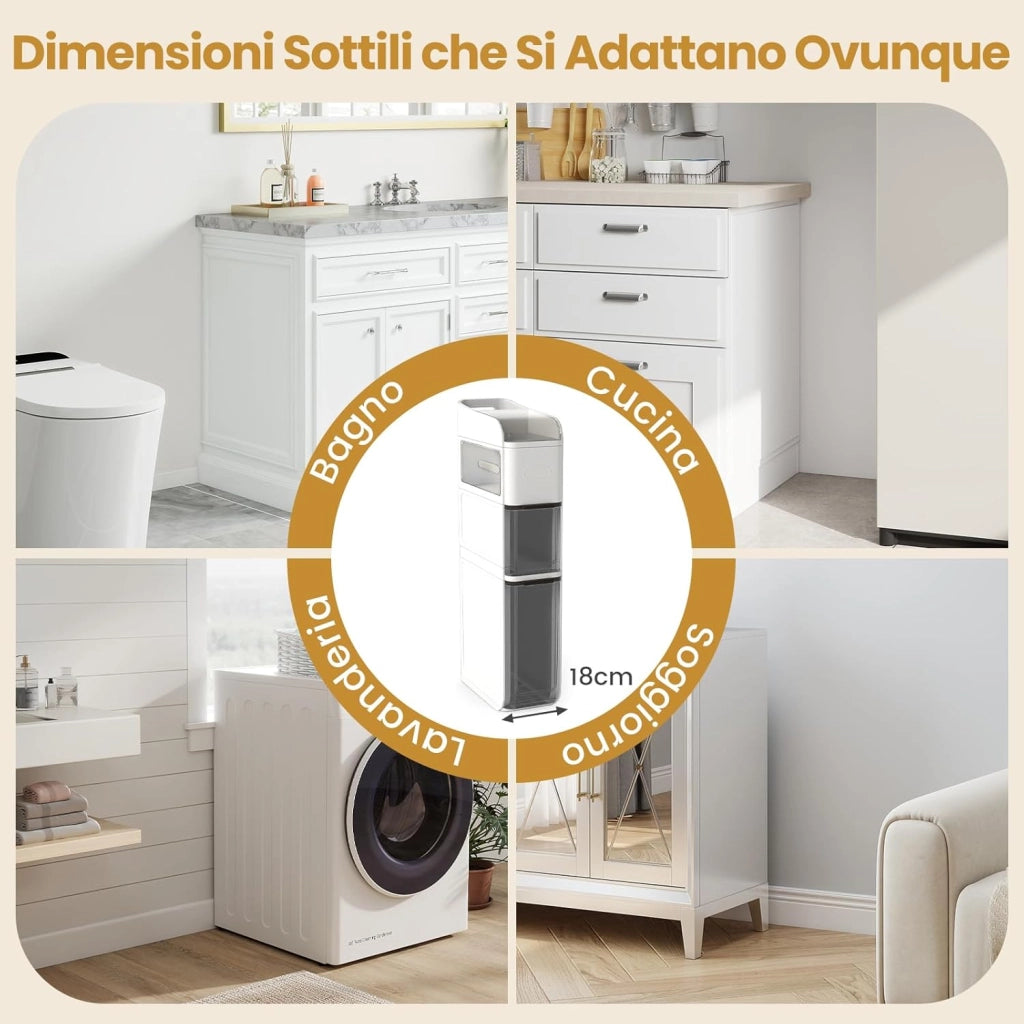 Mobile da Bagno a 4 Ripiani, Mobiletto Stretto da Pavimento con 2 Cassetti, Portafazzoletti e Ripiano Superiore, Armadietto Impermeabile in Plastica su Ruote per Camera da Letto (Bianco)