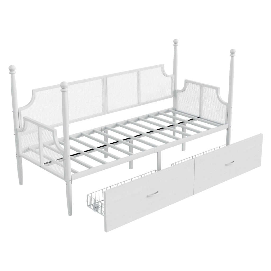 OKWISH Letto Divano Singolo con 2 Cassetti, Schienale a Griglia e Braccioli, 90×200 cm, senza Materasso, in Metallo, Bianco