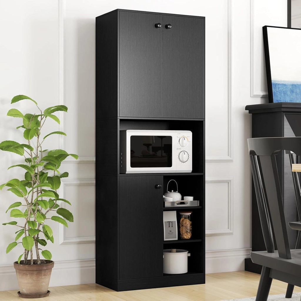 Credenza Sala da Pranzo Alto, Mobile di Stoccaggio Cucina con 4 Ripiani Aperti, 2 Armadi con Ante, Dispositivo Anti-ribaltamento, per Soggiorno, Camera da letto, Cucina, 60 x 33 x 166 cm (nero