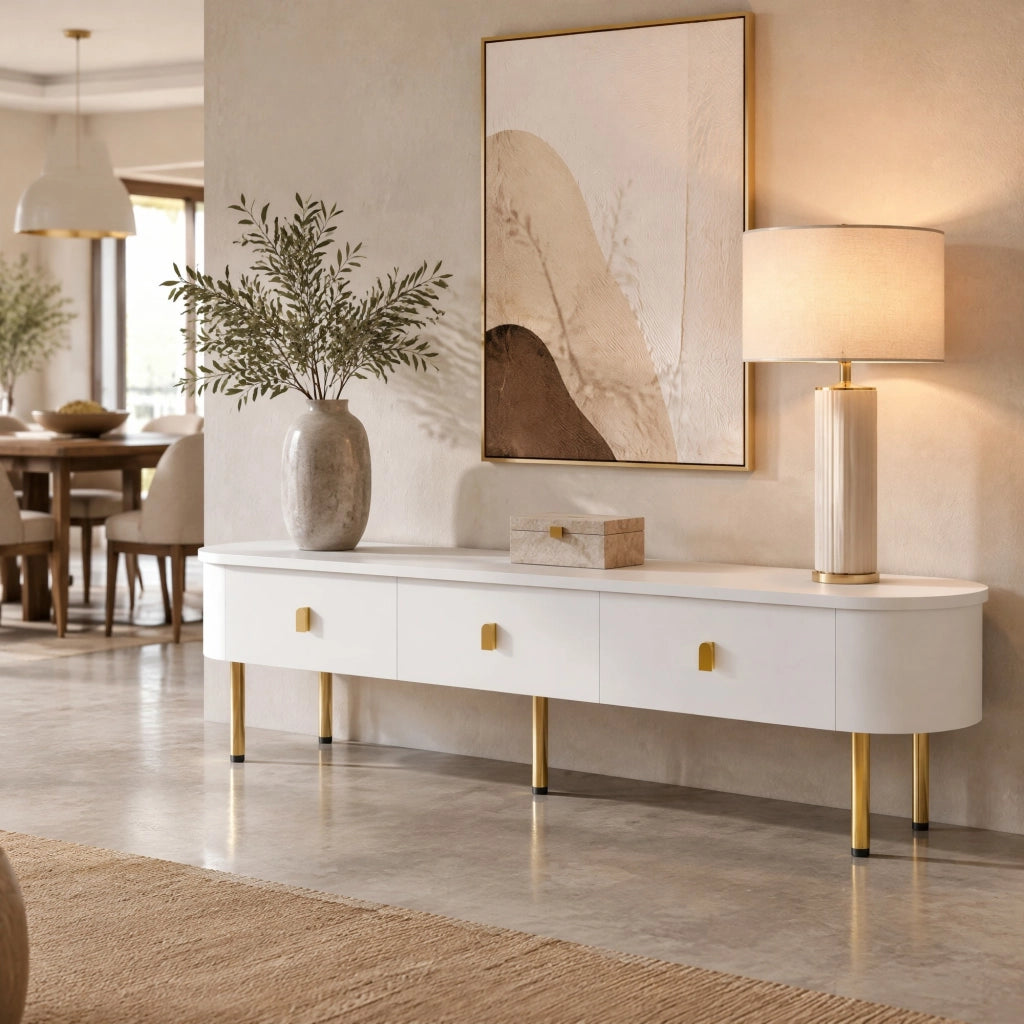 Mobile TV moderno 174 cm in MDF bianco con 3 cassetti; maniglie e gambe dorate