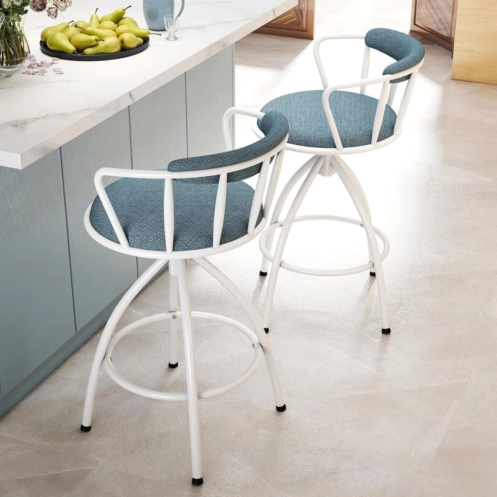 Set di 2 Sgabelli da Bar, Sgabelli Imbottiti con Schienale, Poggiapiedi e Struttura in Metallo, Portata 150 kg, Sedie Moderne per Isola da Cucina, Bar di Casa e Sala da Pranzo