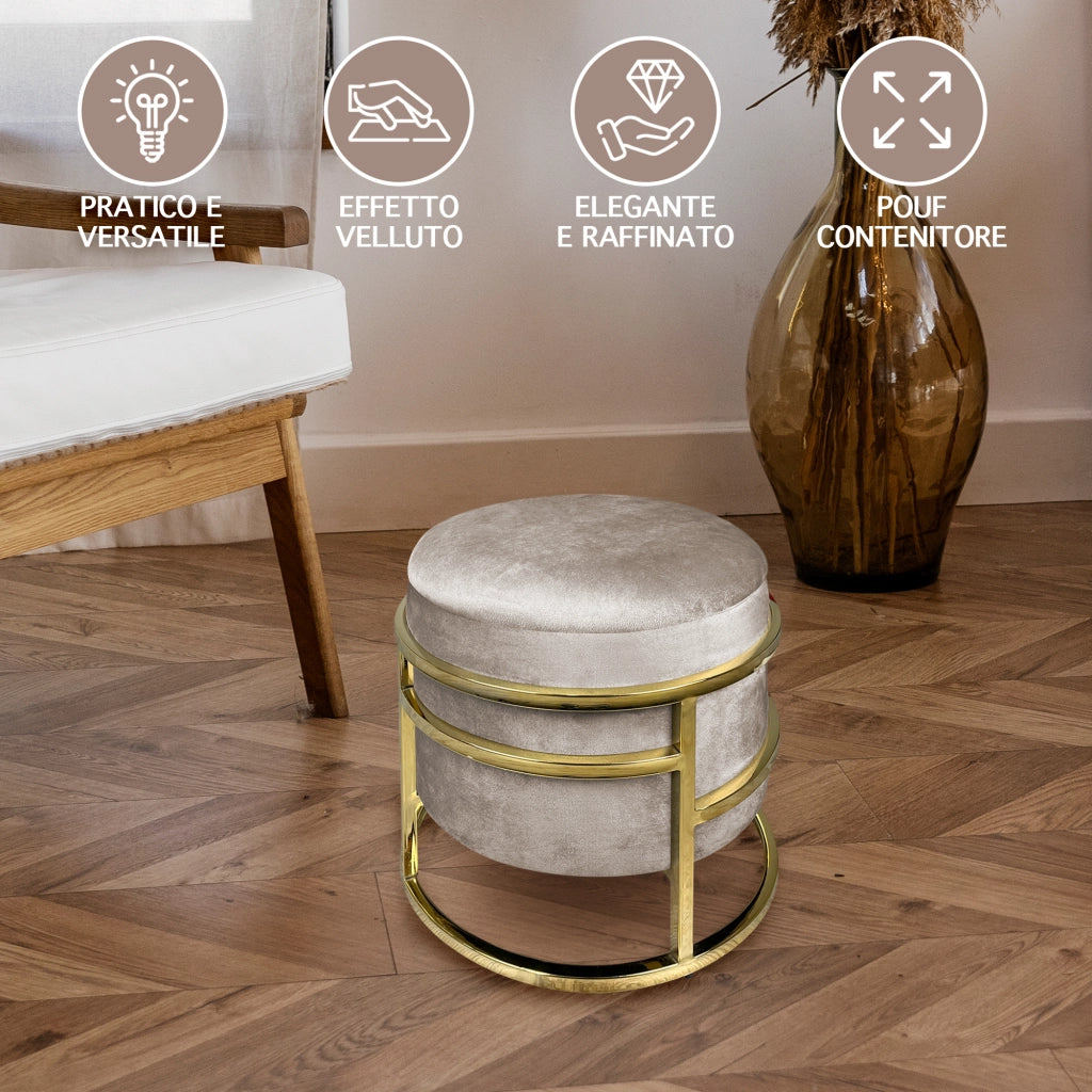 Pouf Contenitore Poggiapiedi Velluto Con Struttura Circolare Cromata Oro Elegante Imbottito Sgabello Per Toeletta Mobile Trucco Ottomano Ingresso Camera Da Letto Rotondo - Tortora