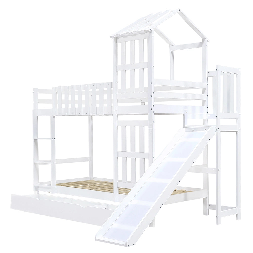 Letto a castello con scivolo - Xylo - 90x200cm bianco, tetto finestrato