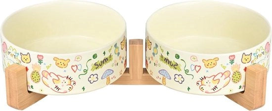 Ciotola per cani doppia vasca ceramica con supporto in bambù per gatti e cani 850 ml disegno beige graffiti