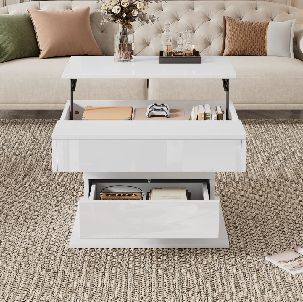 Tavolino da caffè quadrato 70x70x45 cm con piano sollevabile e rotazione 360°; bianco lucido