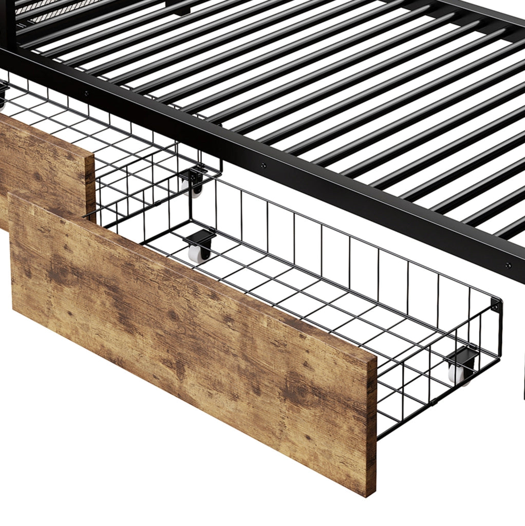 Letto a castello 90 x 200 cm in metallo nero con LED, cassetti, ripiani e stendibiancheria