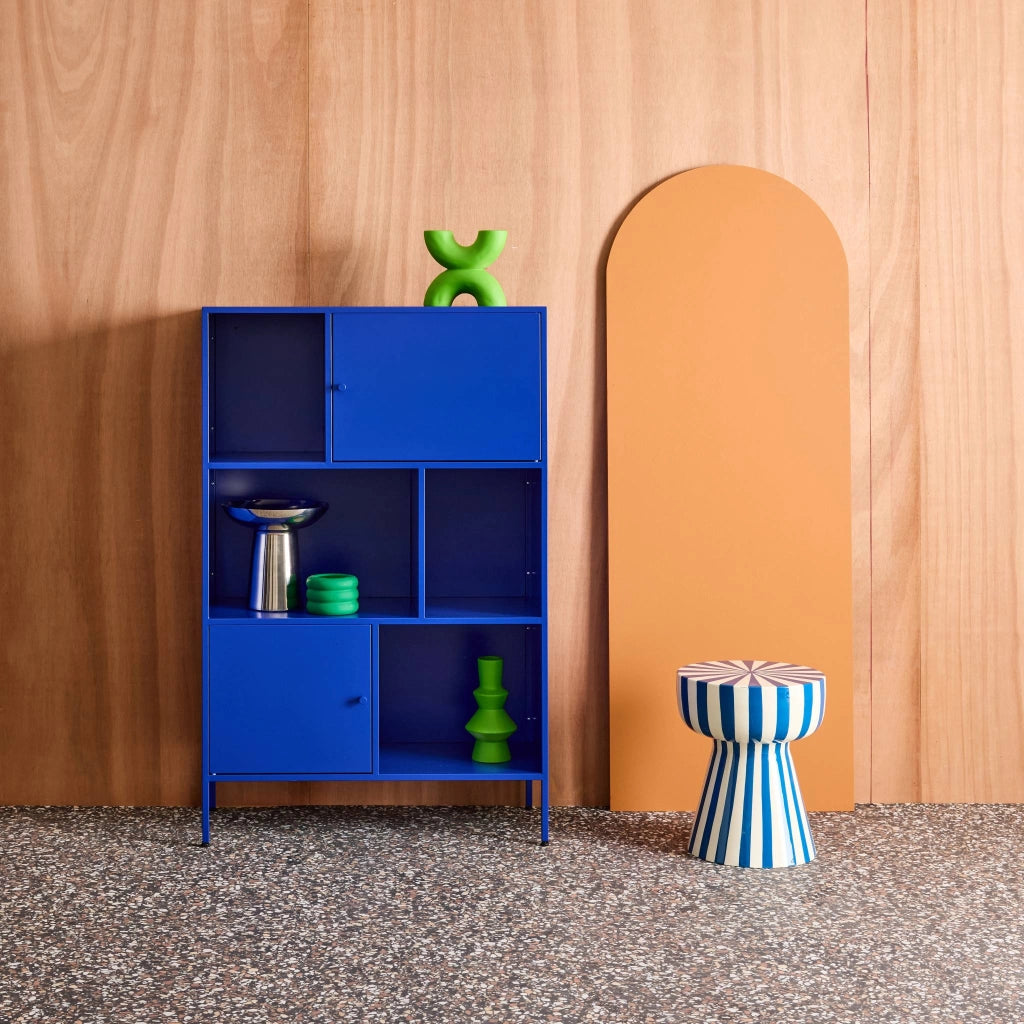 Credenza industriale in metallo con 6 scomparti, blu