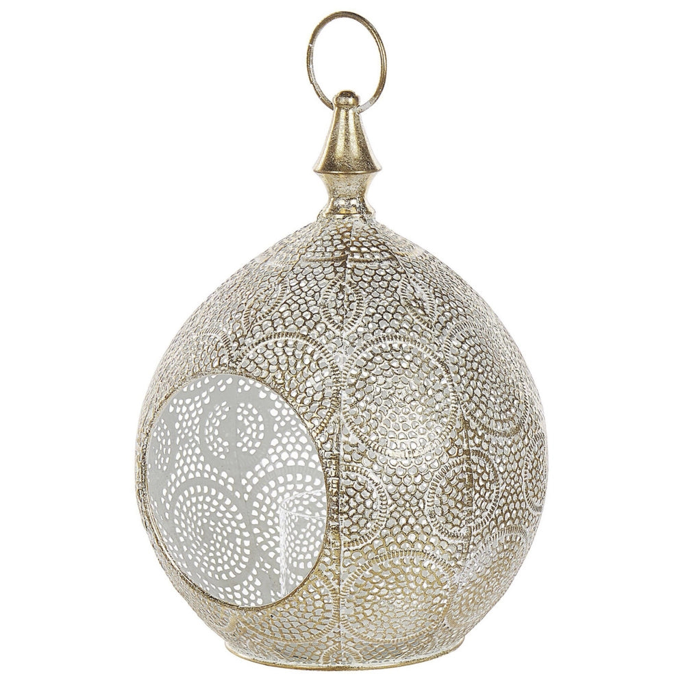 Lanterna in metallo dorato 33 cm con portacandele in vetro traforato orientale Boho