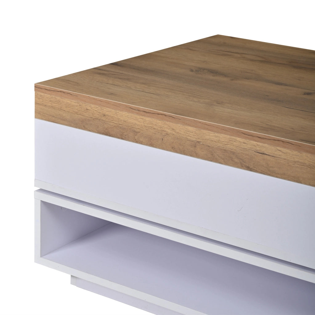 Tavolino da caffè 65x65x40 cm con piano girevole a 360° e LED; MDF; bianco e naturale