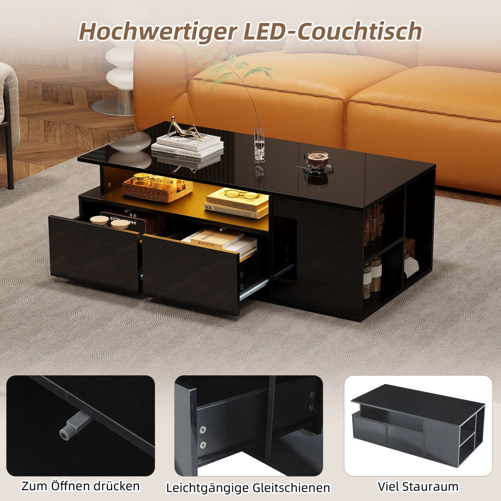 Tavolino da caffè rettangolare con 2 cassetti, LED, 3 livelli e vano laterale per soggiorno, nero, 100 × 50 × 35 cm