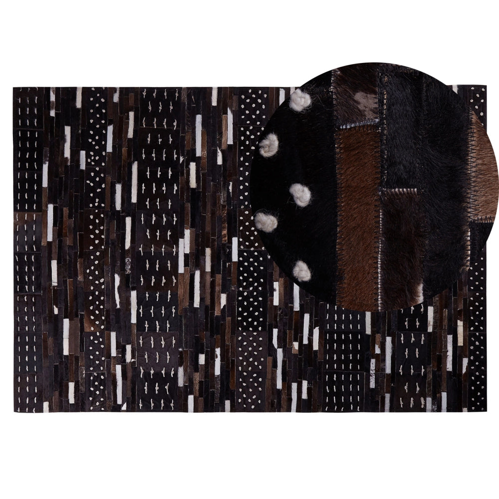 Tappeto in pelle marrone con spago di lana 140 x 200 cm patchwork rustico