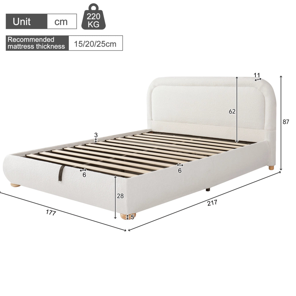Letto contenitore con rete a doghe in bouclé bianco