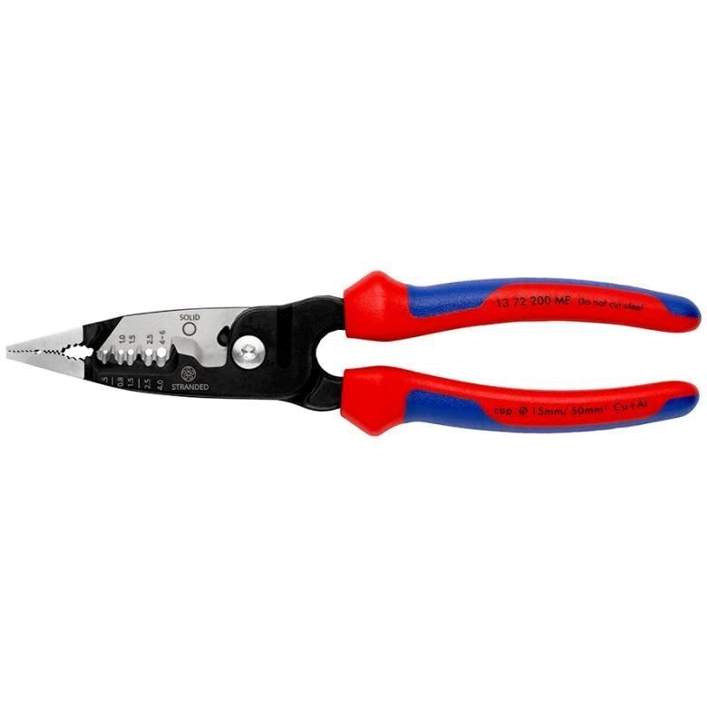 Knipex 13 72 200 ME Pinza Multifunzione per Elettricista Capacita' Spelatura 0,5 - 6 mm Lama Spelacavi Design Ibrido Impugnature Bicomponenti colore Nero Blu Rosso Acciaio inox