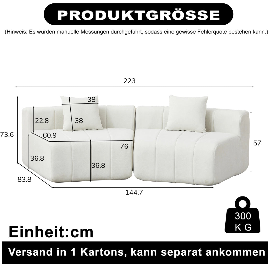 Modulo divano curvo in ciniglia beige con 2 cuscini