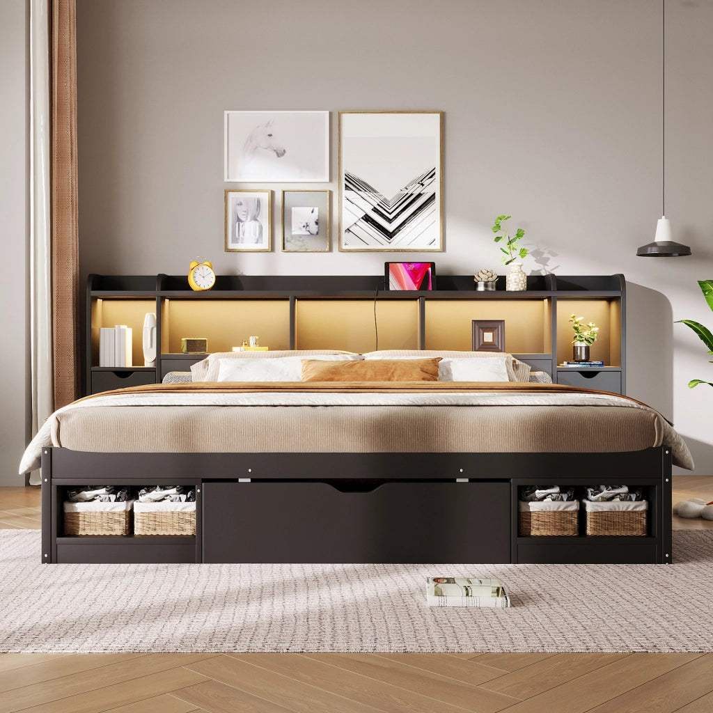 DESMIU Letto adulto 180 × 200 cm 2 posti con 3 cassetti, vani contenitori e LED, senza materasso, in MDF e compensato, nero