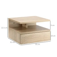 Set da 2 Comodini Moderni Sospesi con Cassetto e Ripiano in Legno 35x32x22.5cm, Rovere