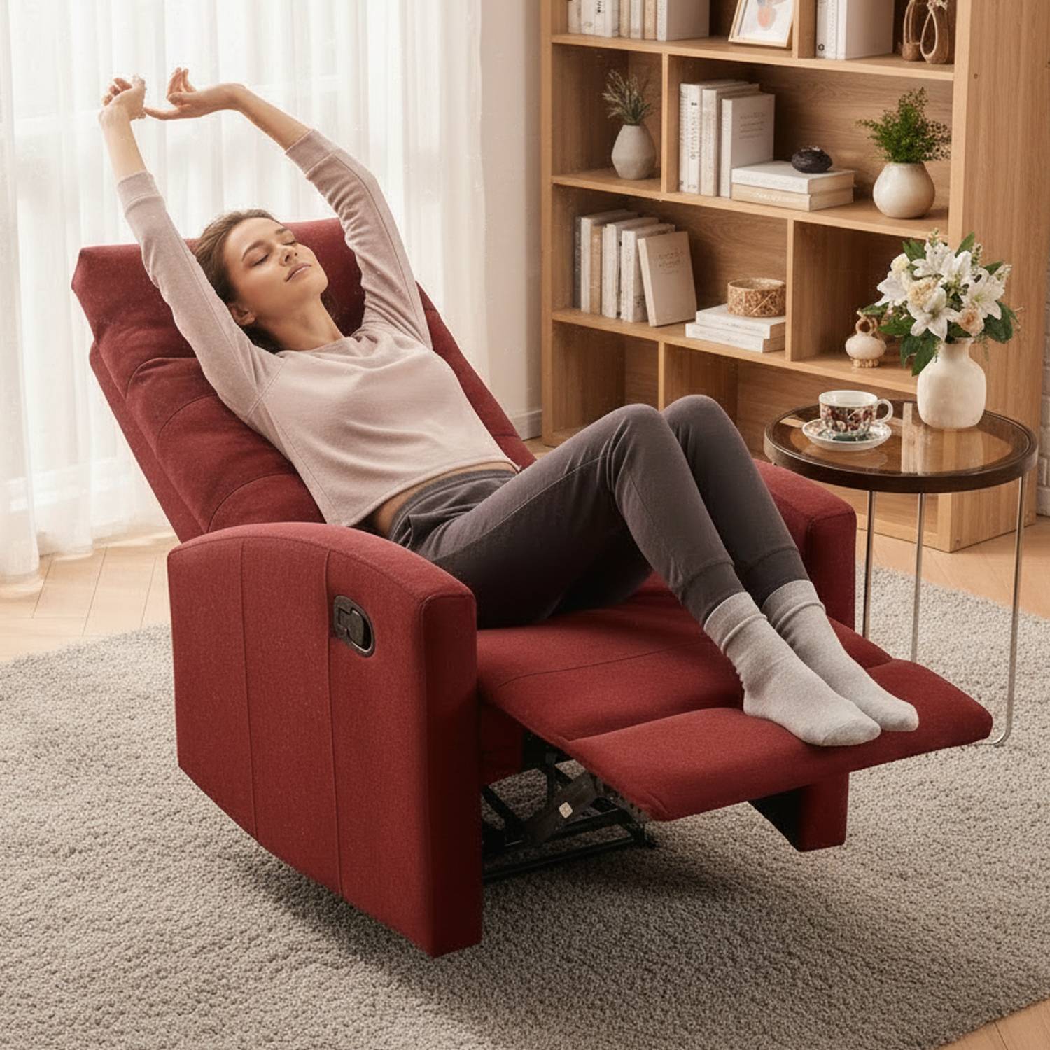 Marvin Poltrona Relax Reclinabile Manuale con Poggiapiedi Solena, Schienale Regolabile Seduta Ergonomica in Tes Bordeaux