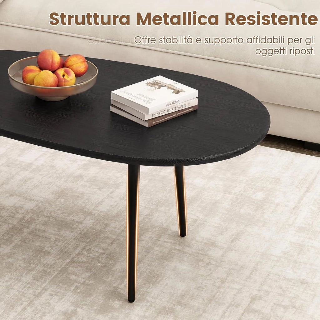 Tavolino da Salotto Ovale, Tavolino da Caffè con Struttura Metallica Robusta e Design Compatto, Tavolo Basso per Soggiorno, Ufficio e Lounge (Nero)