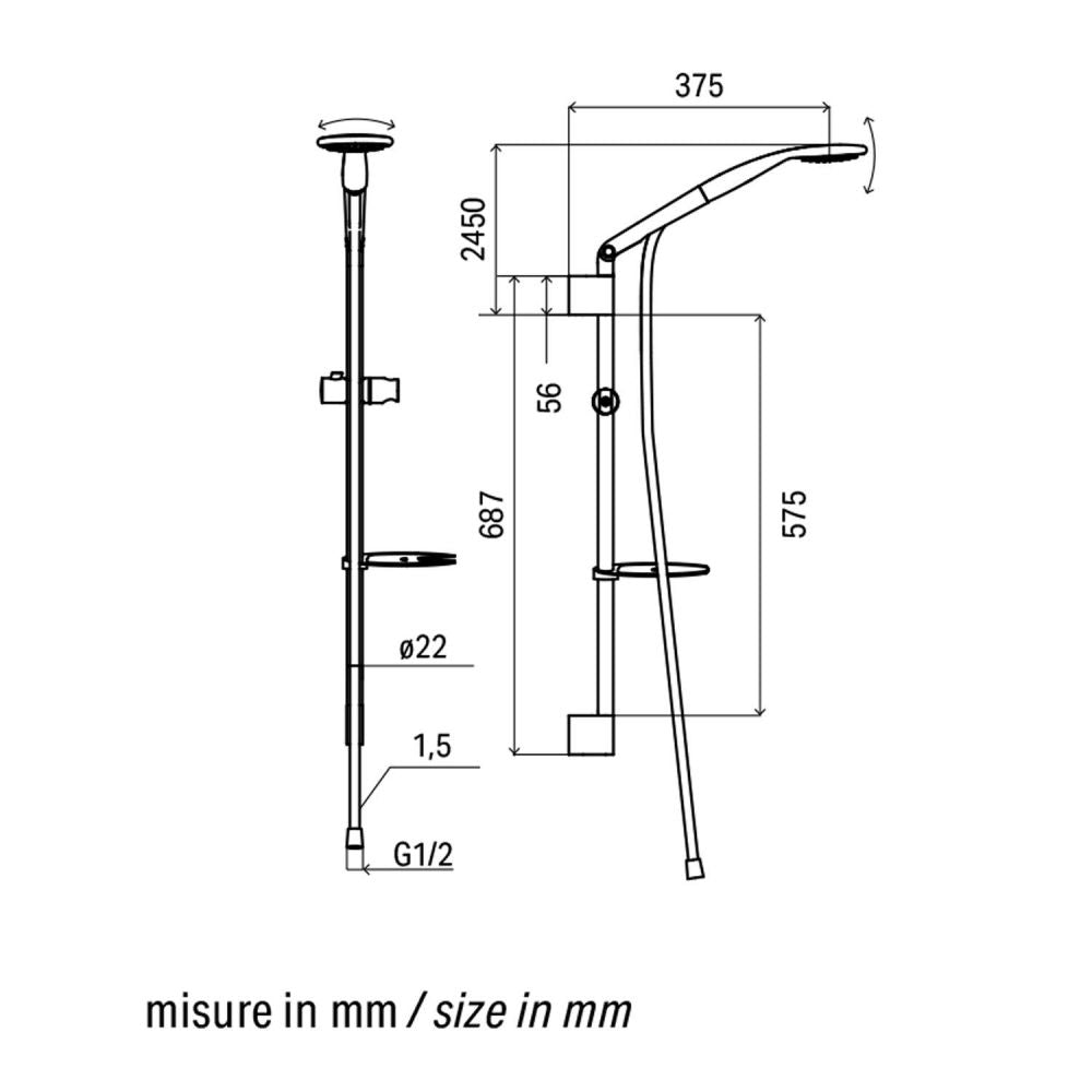 Saliscendi Doccia Anticalcare Monogetto, Flessibile e Portasapone - Serie Bari