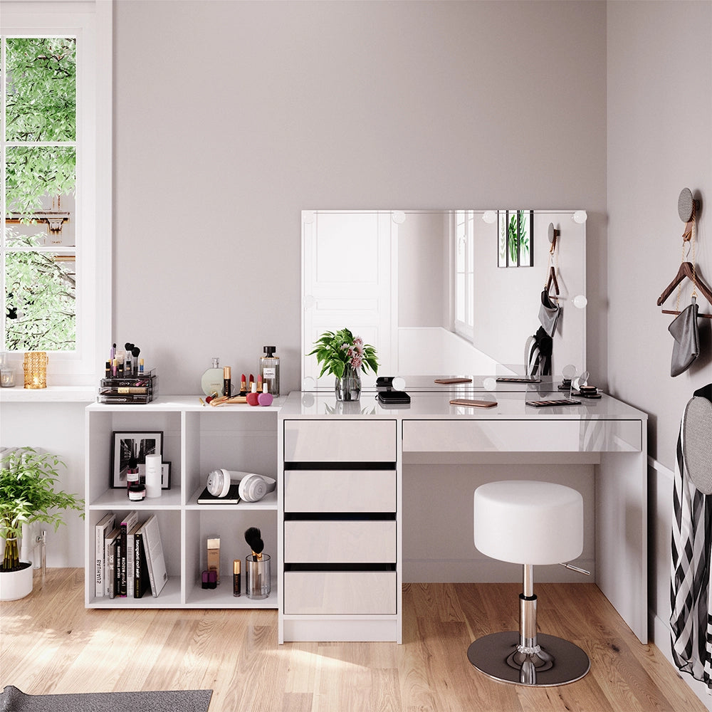 Vicco Tavolino da toilette Bianco 120 cm 4 parti, con scaffale, specchio, sgabello, LED