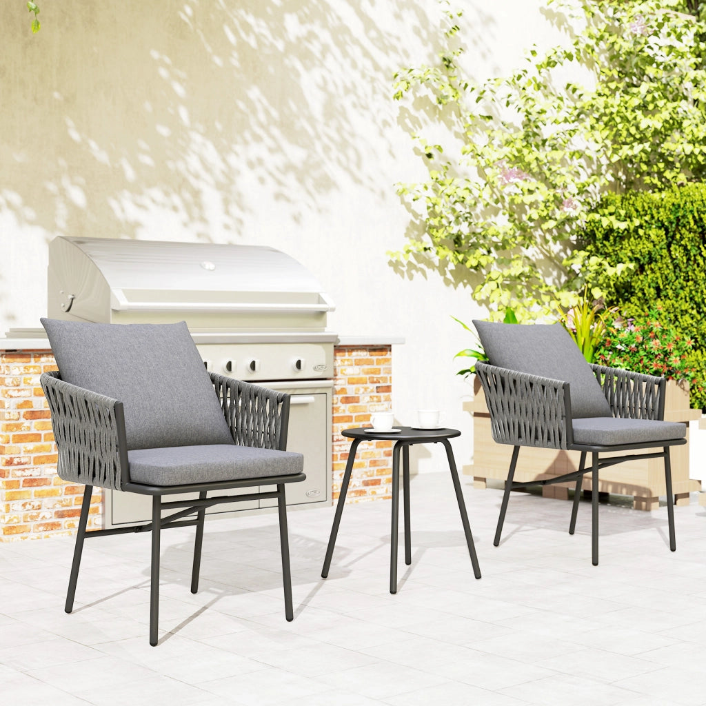 Mobili da giardino da esterno a 3 pezzi: 2 poltrone + tavolo; rattan sintetico; telaio in acciaio; 4 cuscini; grigio