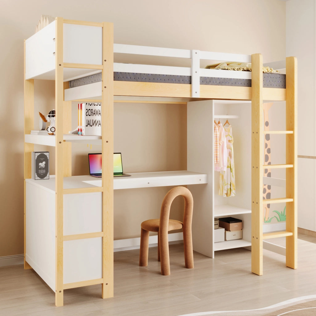 Letto a soppalco 90 × 200 cm con scrivania, scaffali e armadio, senza materasso, in pino, naturale