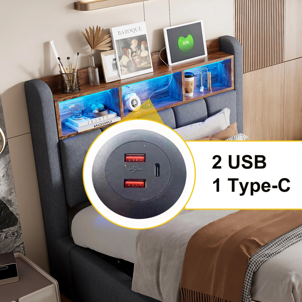 DESMIU Letto Imbottito 90 × 200 cm con LED, USB e Type-C, contenitore, senza materasso, grigio