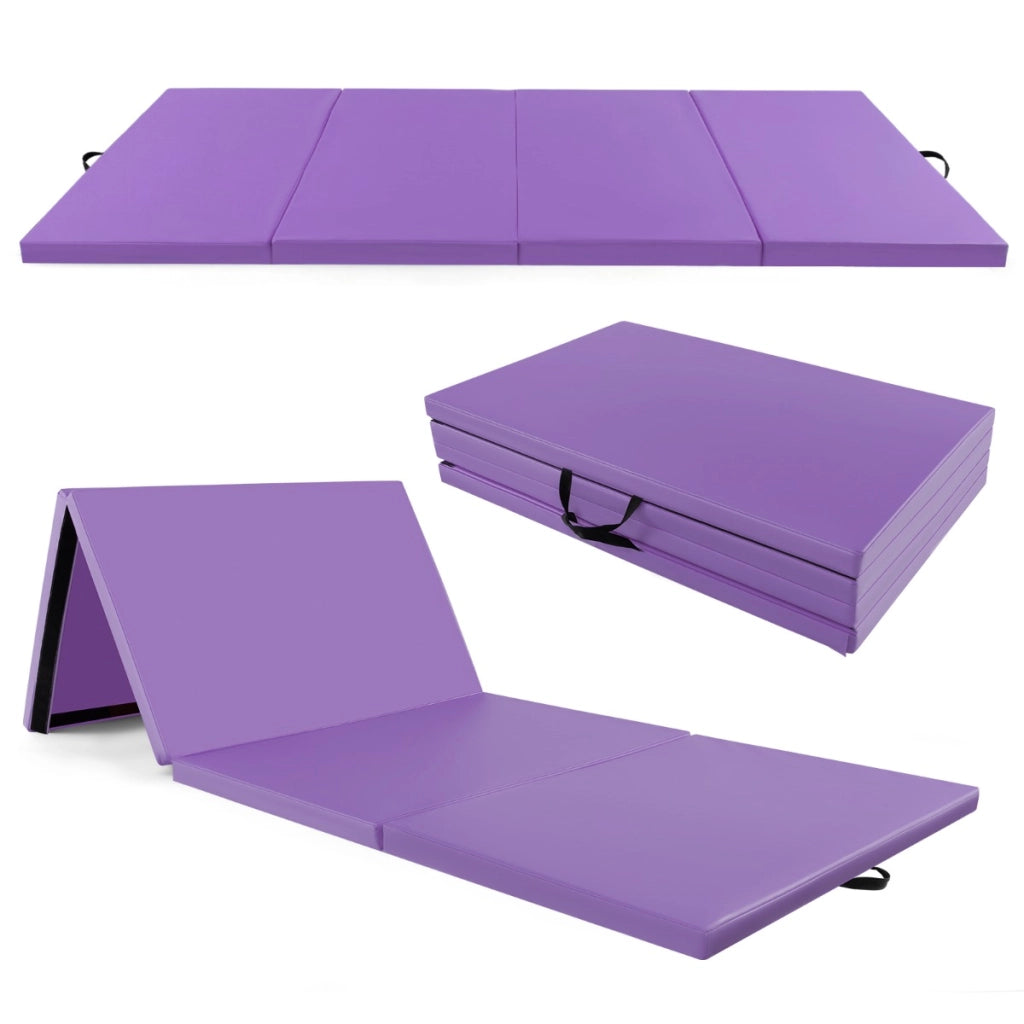 Tappetino per ginnastica pieghevole a 4 pannelli con maniglie chiusure a strappo, Tappetino in ecopelle 300x117cm Viola-Tappetini ginnastica e yoga