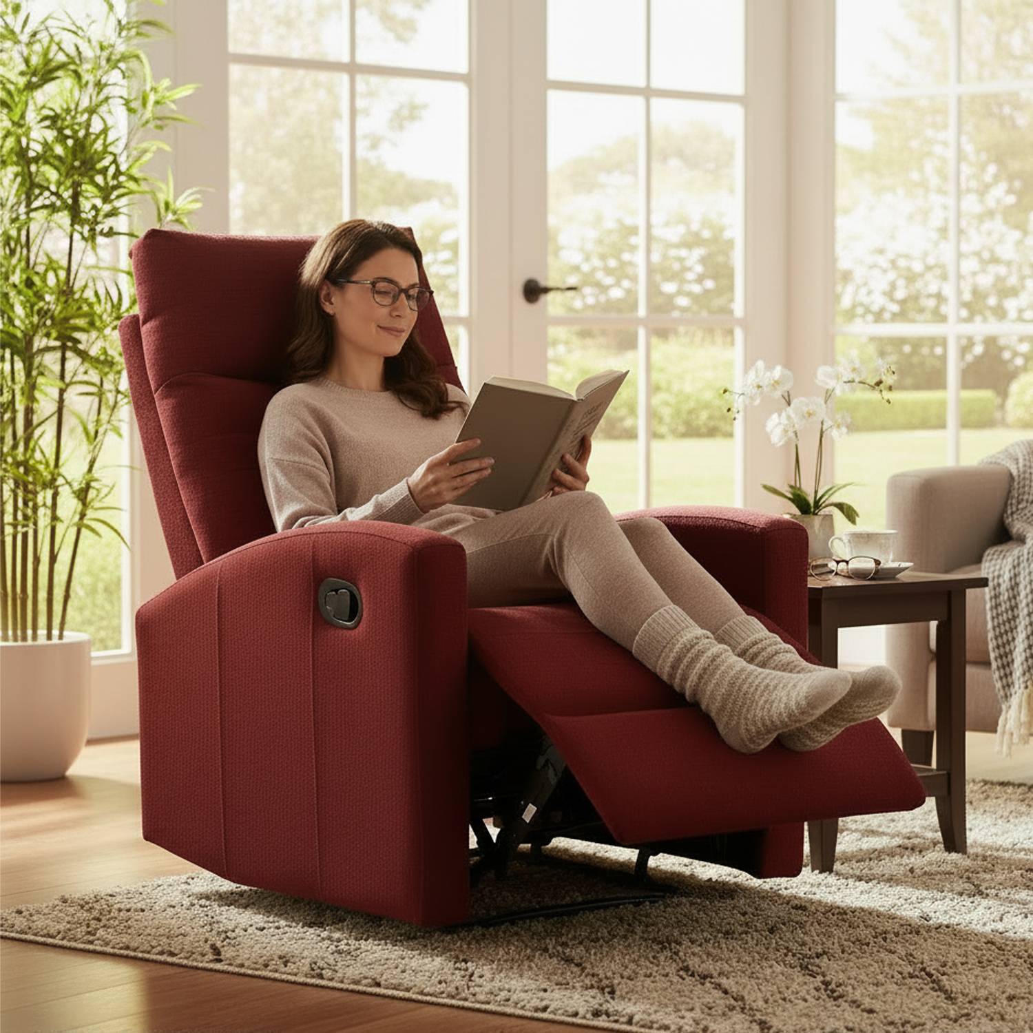 Marvin Poltrona Relax Reclinabile Manuale con Poggiapiedi Solena, Schienale Regolabile Seduta Ergonomica in Tes Bordeaux