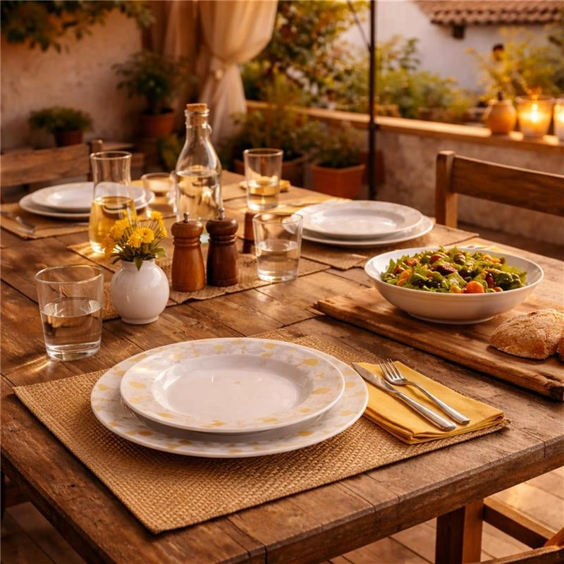 MA MAISON SERVIZIO PIATTI 18 PEZZI IN PORCELLANA CON MARGHERITE, SET TAVOLA 6 PERSONE 6 PIANI 6 FONDI 6 DESSERT BIANCO
