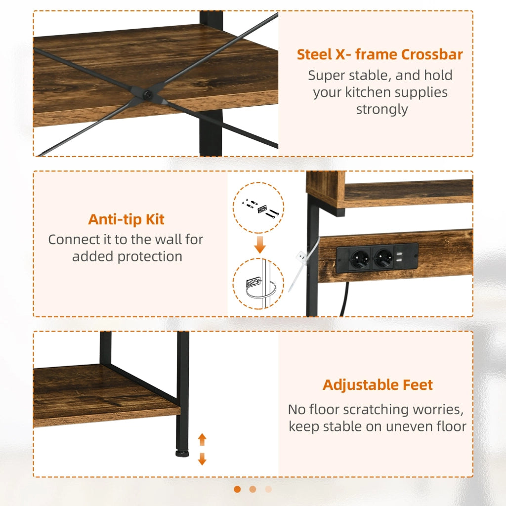 Scaffale Cucina con Multipresa 60x42x153 cm in Legno e Acciaio Marrone Rustico