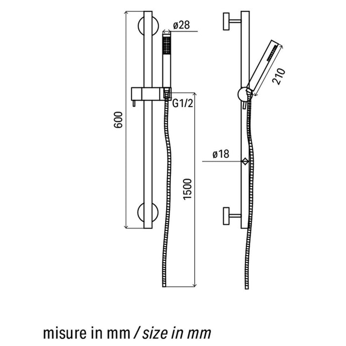 Saliscendi Doccia Anticalcare Monogetto Completa di Asta e Flessibile - Serie Piacenza