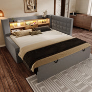 OKWISH Letto estraibile 90×200 cm, Letto Singolo con LED Regolabile, USB, Tipo C e Contenitori, senza Materasso, in Lino, Grigio