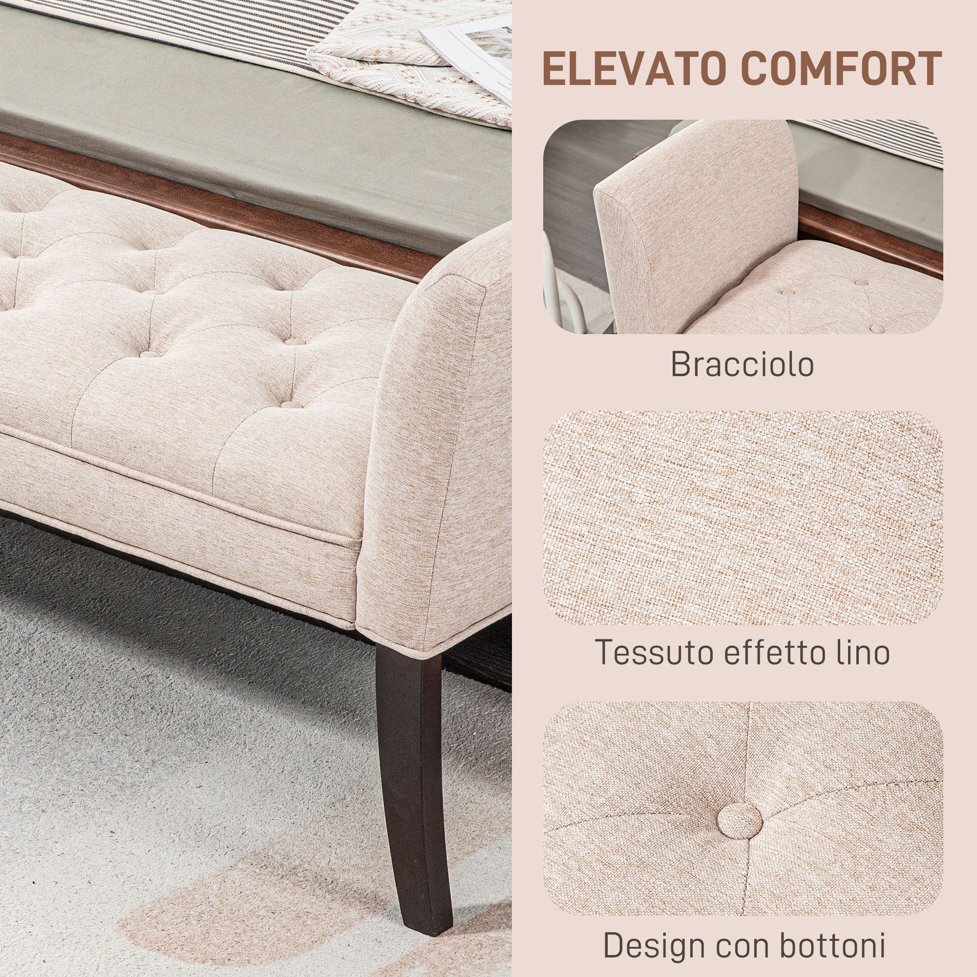 Panca Fondo Letto Imbottita e a Bottoni 141x44x65 cm in Legno e Tessuto Effetto Lino Beige