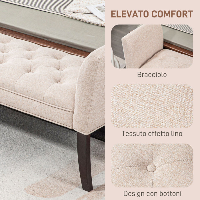 Panca Fondo Letto Imbottita e a Bottoni 141x44x65 cm in Legno e Tessuto Effetto Lino Beige