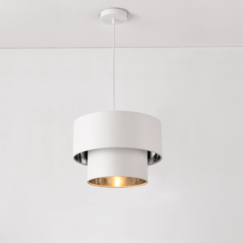 Lampada a Sospensione Lopar con Doppio Paralume in Tessuto Ø 30 cm - Bianco / Argento lux.pro