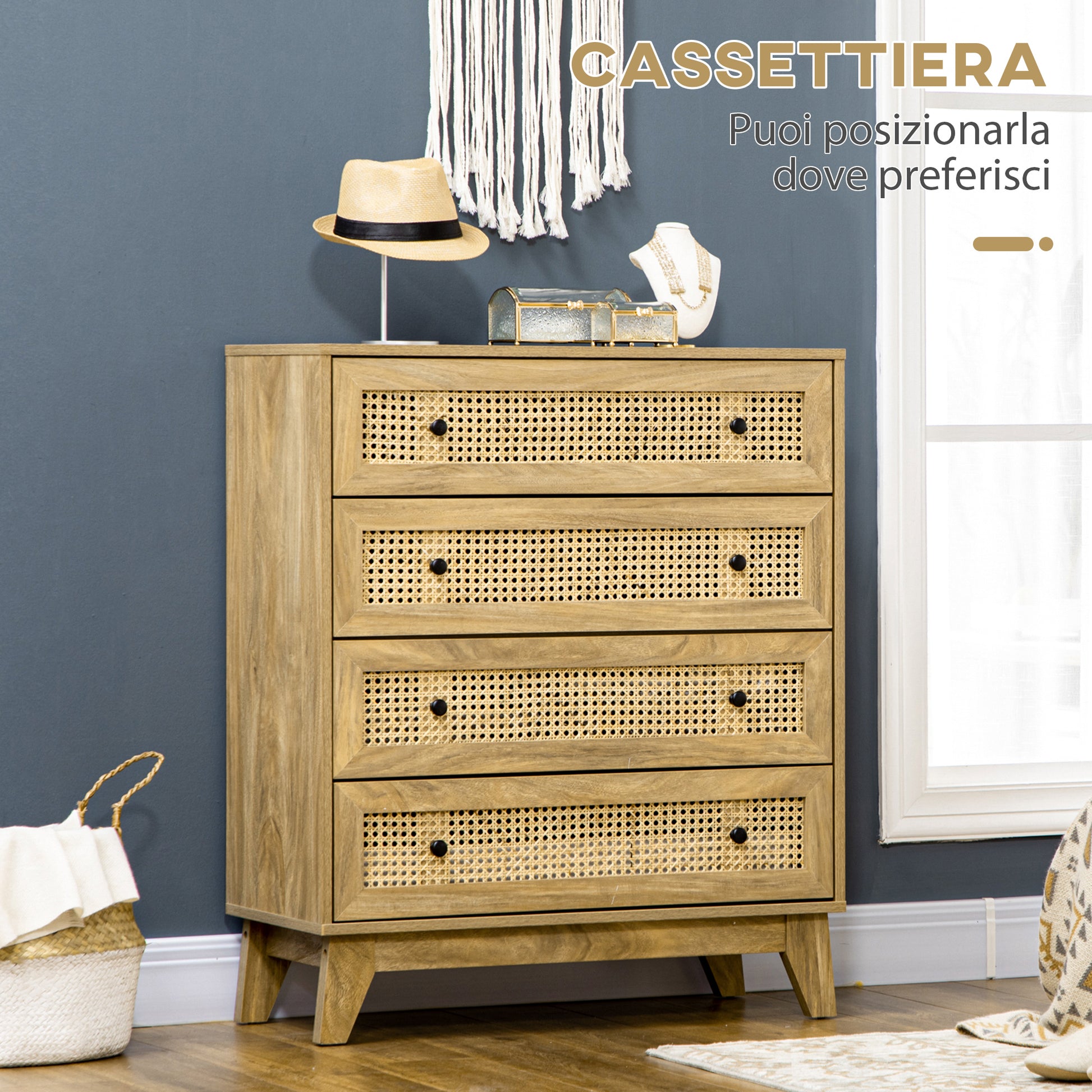 Cassettiera con 4 Cassetti in Stile Boho 80x35x95 cm Inserti in Rattan color Legno
