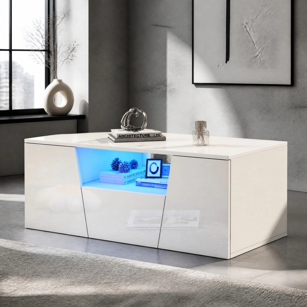 TAVOLINO DA SALOTTO LED 100x50x40 cm Bianco in Truciolare con 2 Armadietti e 1 Cassetto