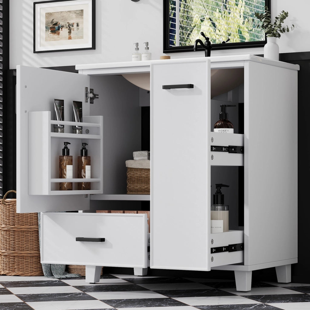 Mobile bagno con lavabo integrato in ceramica 76,5x47x82 cm bianco, 2 cassetti e anta con ripiani interni