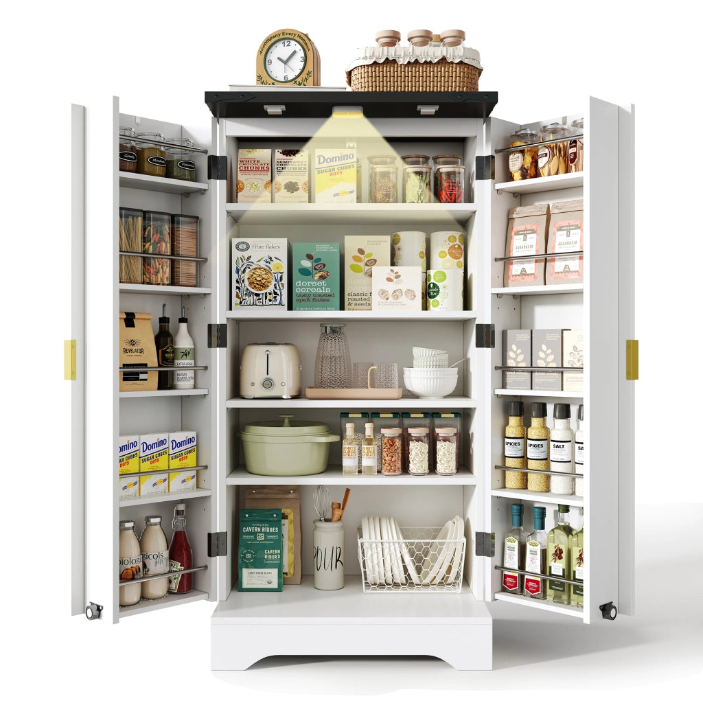 Credenza alta moderna con luce LED a sensore, ante scanalate e ripiani regolabili, bianco 120 x 60,5 x 40 cm